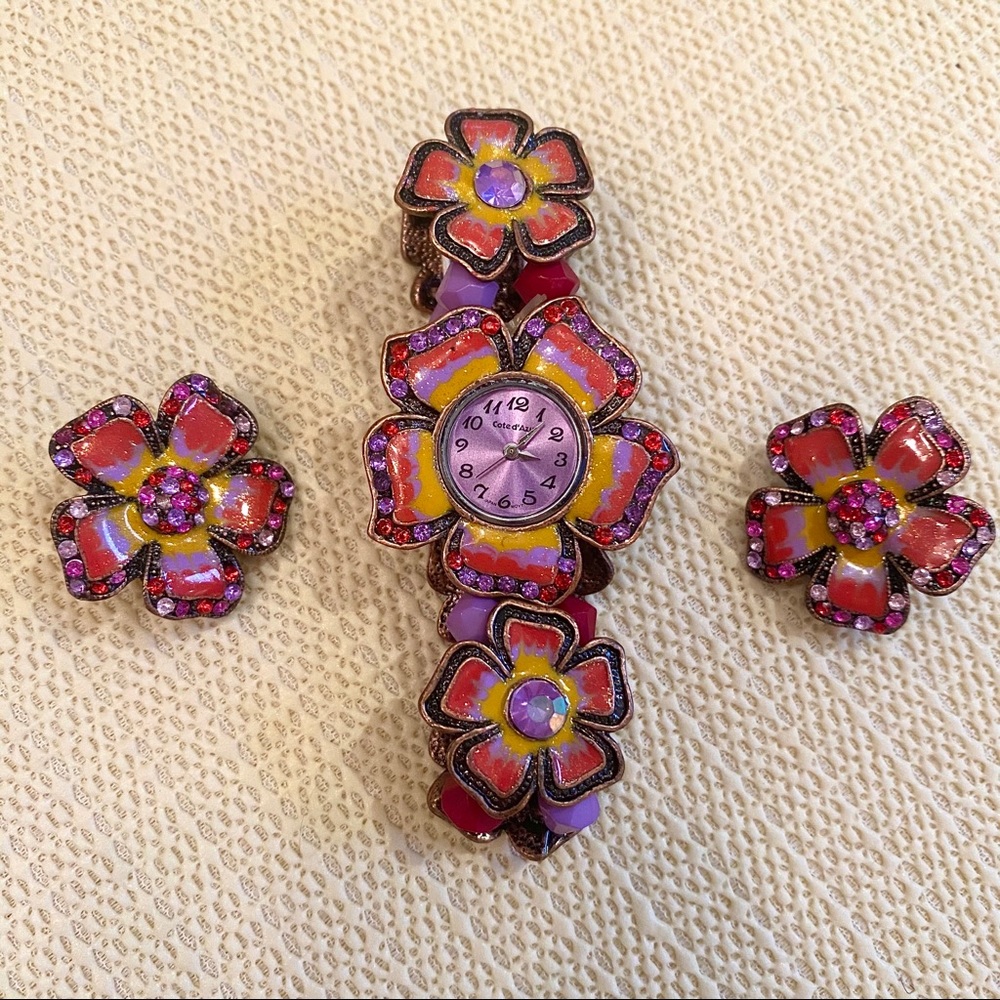 New Floral Enamel Watch & Clip-on Floral Earrings